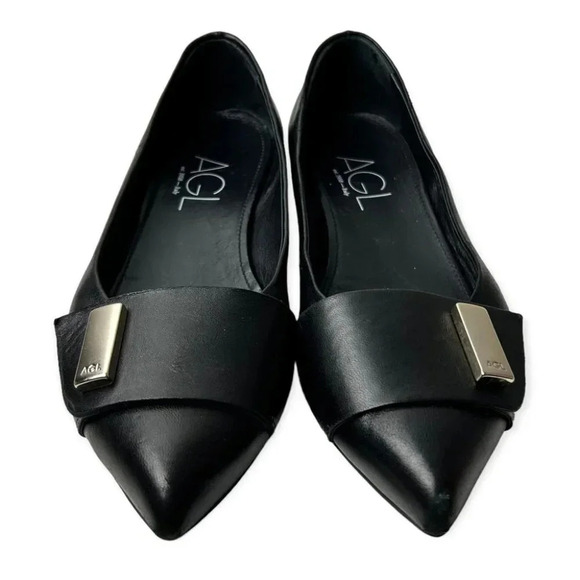 AGL Attilio Giusti Leombruni Black  Leather Pointy Flats - Picture 1 of 11